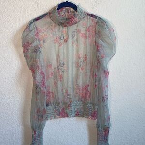 Life Sheer Mesh puff sleeve top floral smock fairy sexy whimsical shirt polka